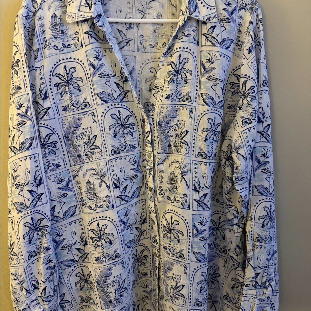 C&C California 100% Linen Tropical Cottagecore Top Shirt Blue & White XL